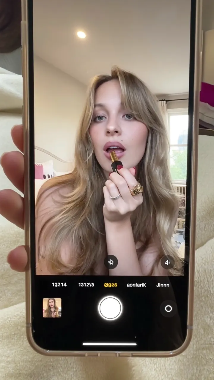 AI model filming a lipstick try-on on her phone.