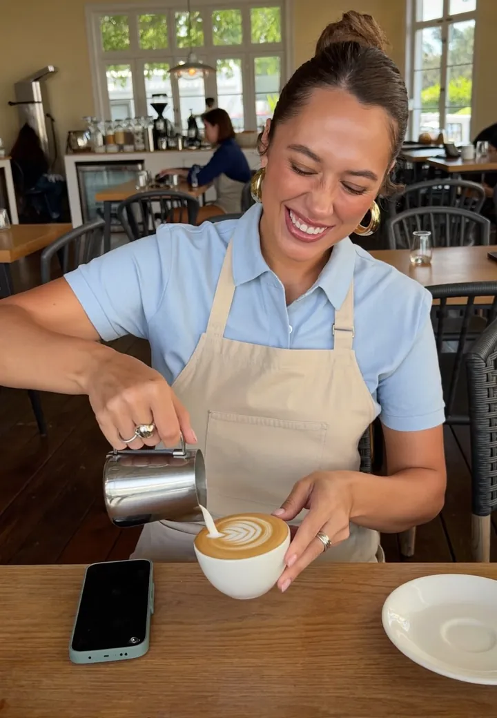 Café reel still: a barista pouring latte art.