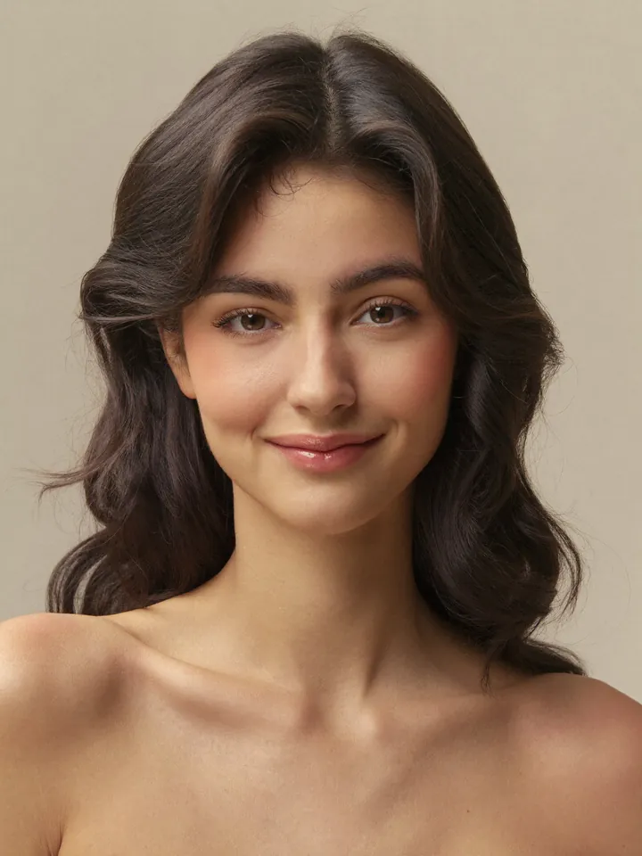 Studio portrait of an AI influencer character with long dark hair.