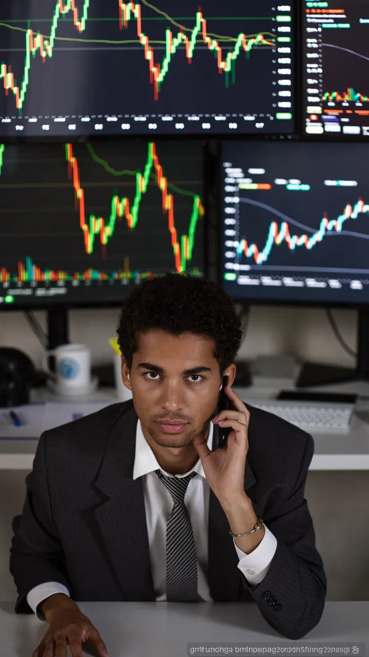 Finance reel still: a man on the phone in front of trading screens.