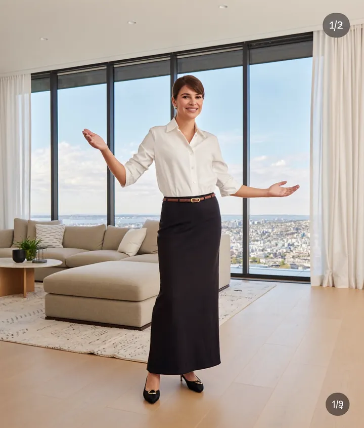 Real estate reel still: an agent presenting a bright living room with tall windows.